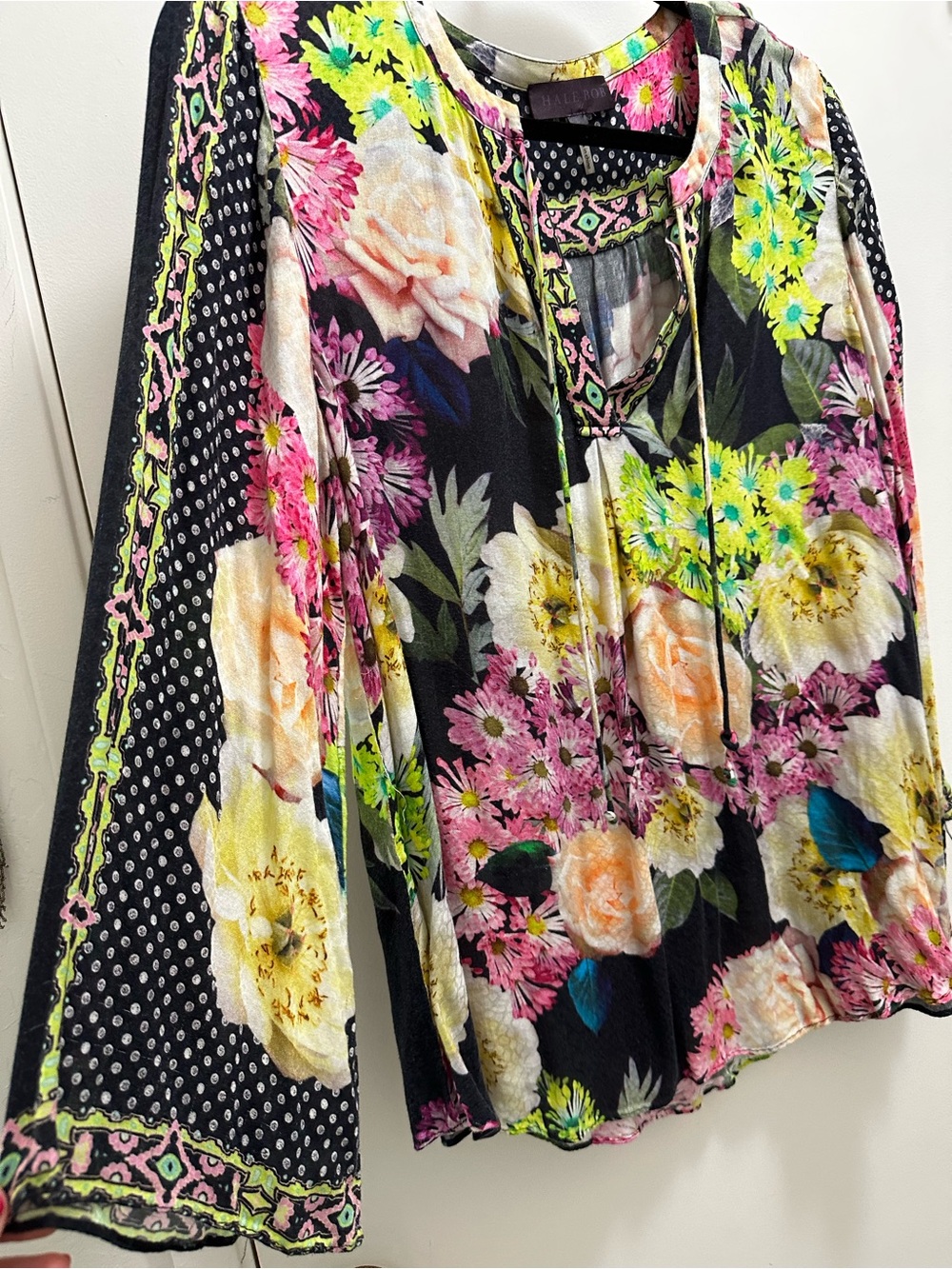 Hale Bob Black Floral Tie-Front Blouse with Neon Accents